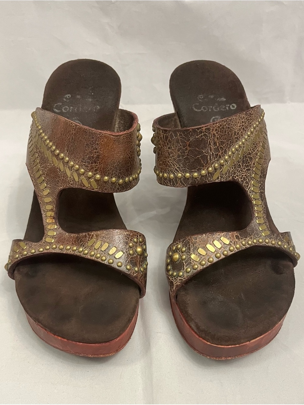 Calleen Cordero Brown Studded Leather Wedge Sandals 7.5